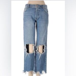 Free People We The Free Women Distressed Button Fly Jeans Sz 24 Raw Hem Boho